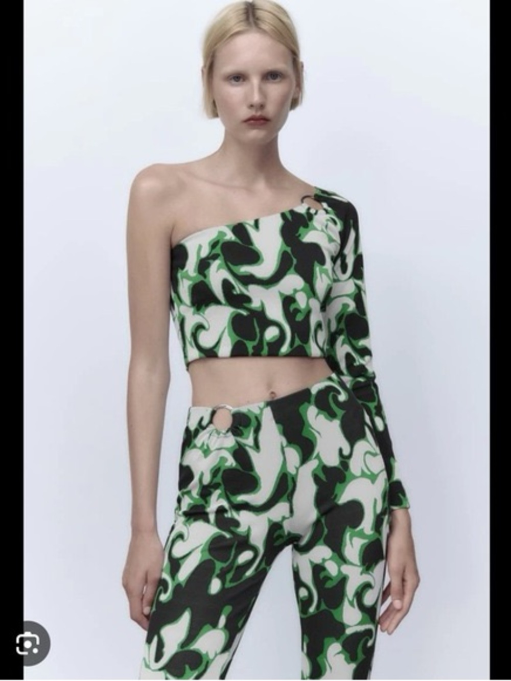 Zara Green, Black & White One-Shoulder Crop Top